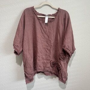 Cheyenne Womens Linen Top Size O/S‎ Tan Pink Lagenlook Tunic Flowy Boho Minimal